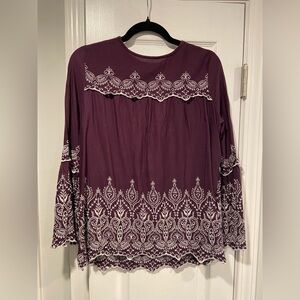 Indigo Thread Co Purple White Eyelet Embroidered Long Sleeve Peasant Top Size M